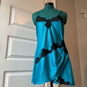 Vintage gold label Victoria’s Secret blue and black lace slip dress